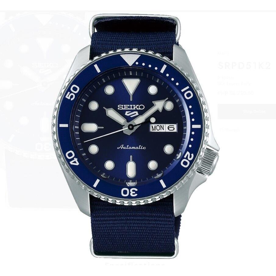 Seiko 5 Sports Watch SRPD51K2 Men`s Automatic Blue Analog Blue Strap