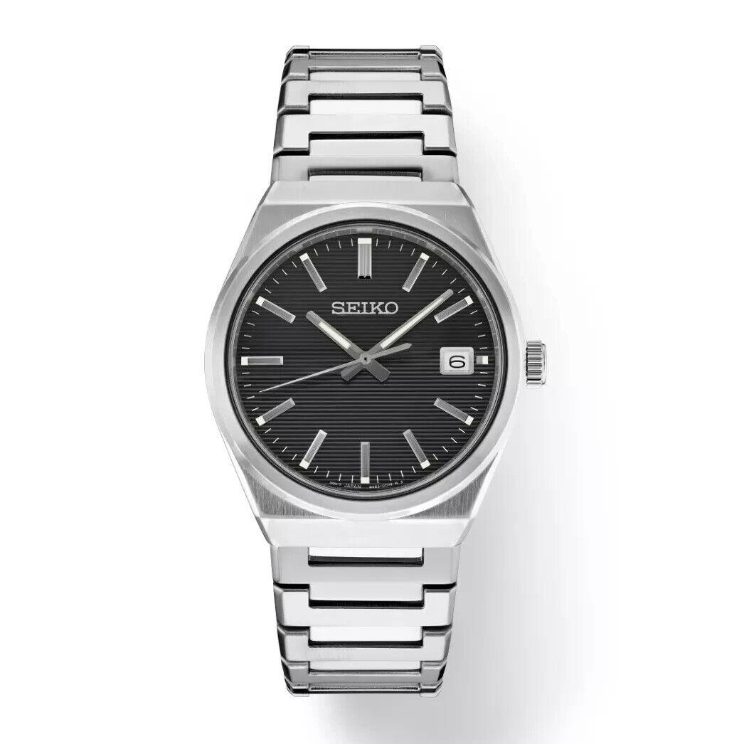 Seiko Mens Essentials Black Dial Date Quartz Stainless Steel Analog Watch SUR557