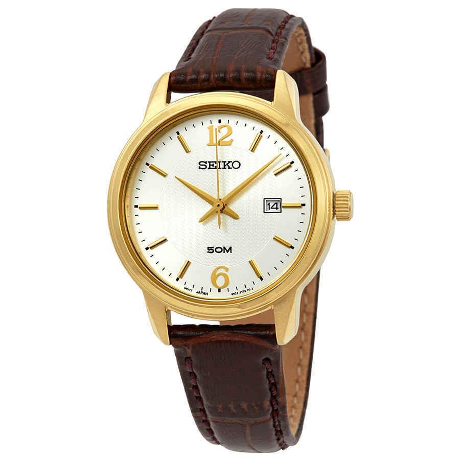 Seiko Neo Classic Silver Dial Ladies Watch SUR658P1 - Dial: Silver, Band: Brown, Bezel: Gold