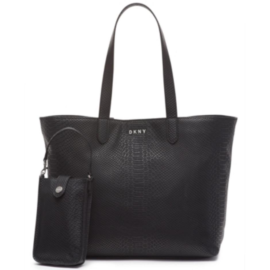 Dkny Ashlee Snake Embossed Tote with Removable Pouch Black Silver