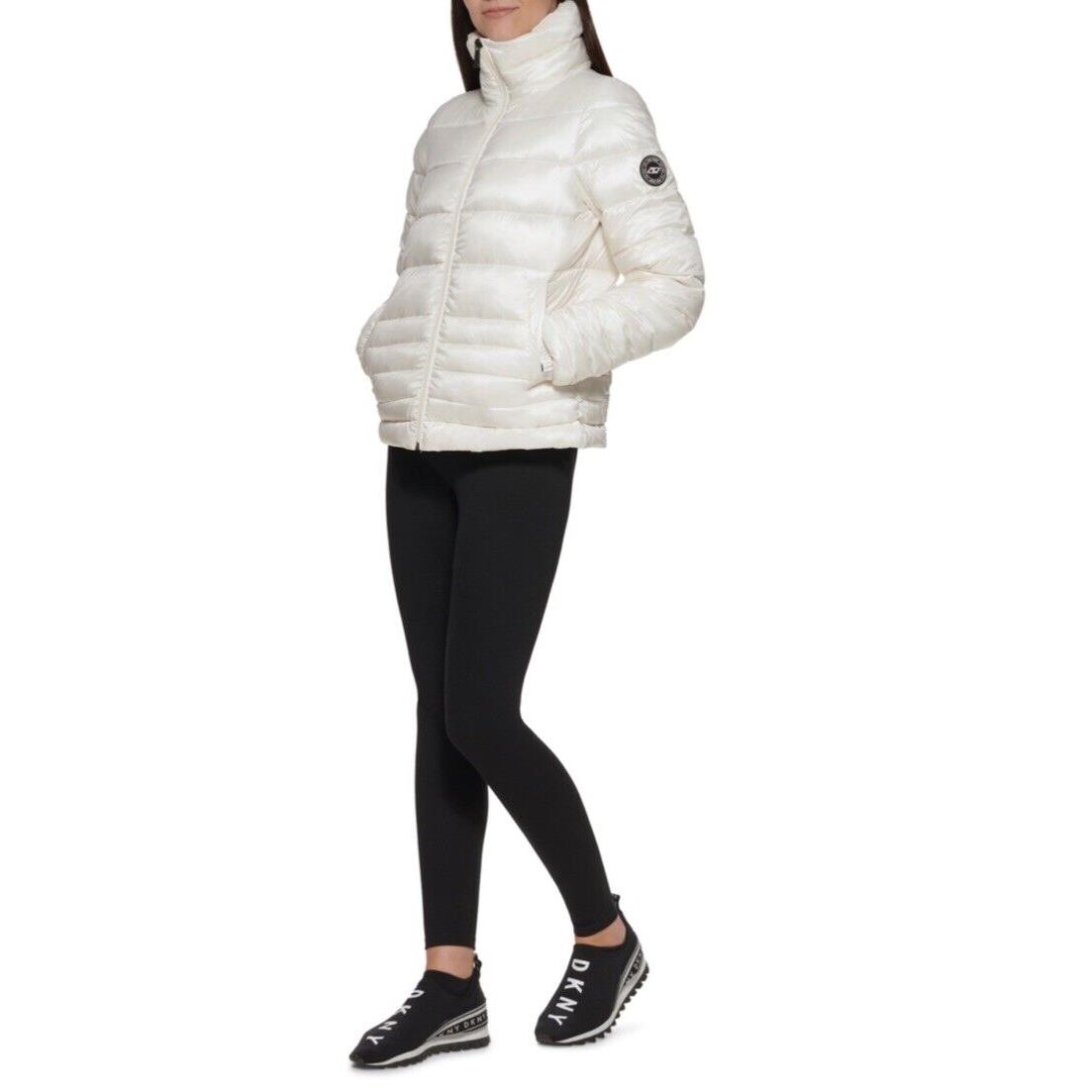 Dkny Women`s Packable Puffer Jacket with Bag in White Size Medium