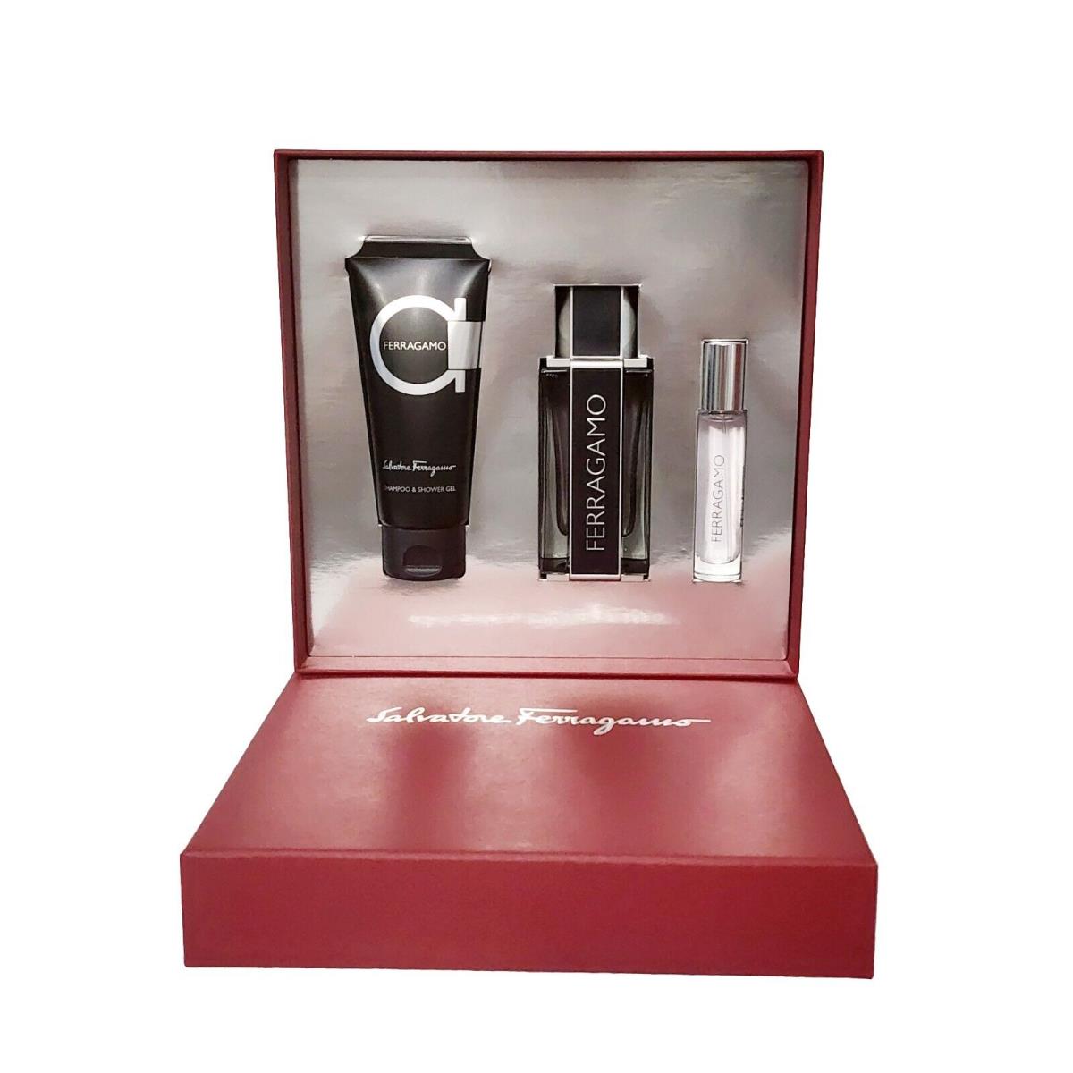 Ferragamo 3pc Gift Set For Men 3.4oz Edt Spr +3.4oz S/gel +0.34oz Edt Spr