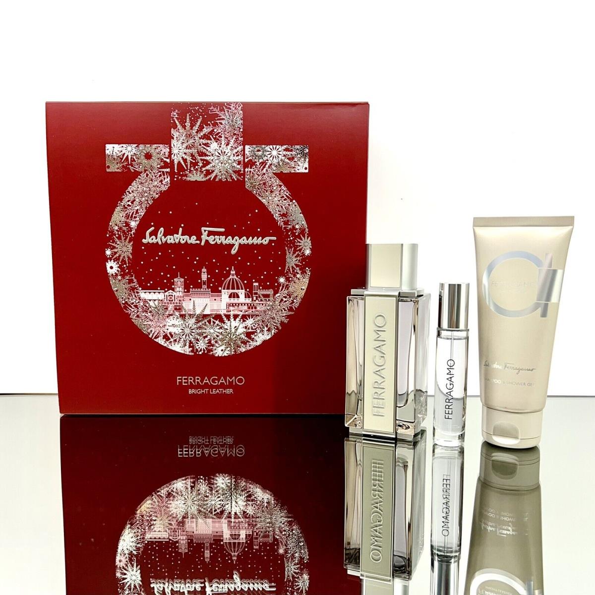 Ferragamo Bright Leather 3pc Men Set 3.4oz Edt Spr +3.4oz S/gel +0.34oz Edt Spr