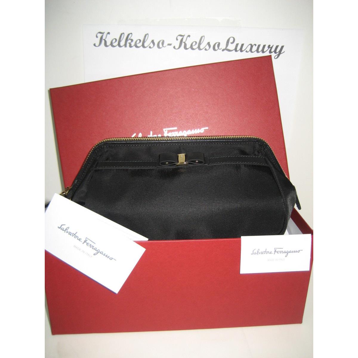 Salvatore Ferragamo Vera Bow Logo Black Toiletry Makeup Bag Cosmetic Case BX