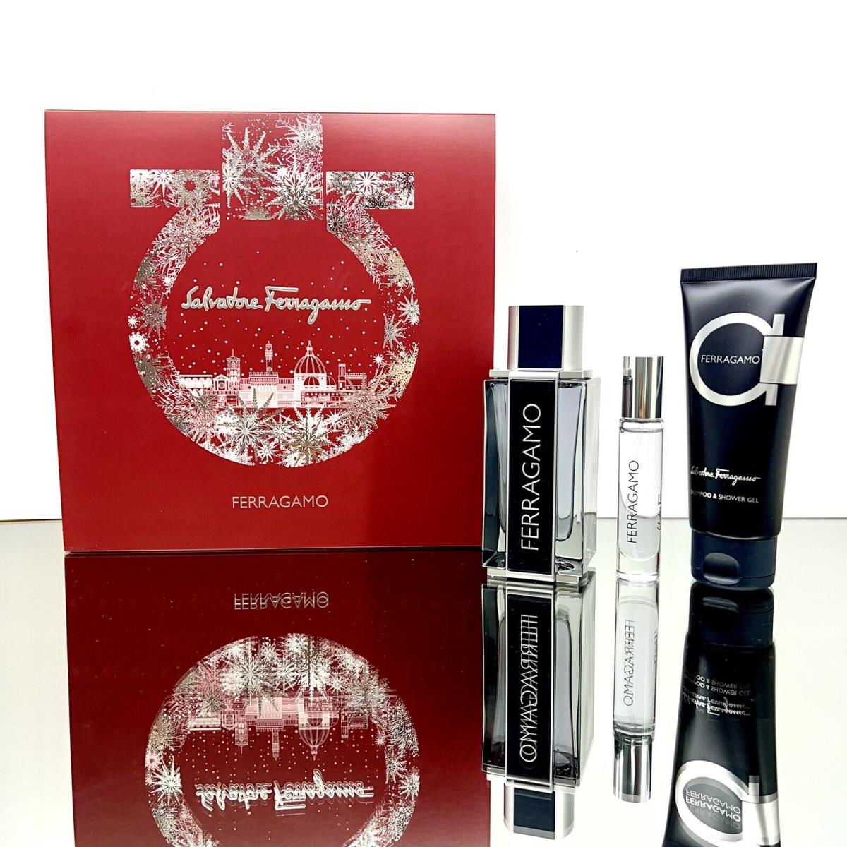 Ferragamo 3pc Gift Set For Men 3.4oz Edt Spr +3.4oz S/gel +0.34oz Edt Spr