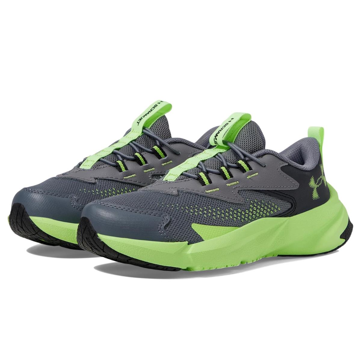 Girl`s Shoes Under Armour Kids Pre School Scramjet 6 Alternate Lace Little Kid Titan Gray/Black/Morph Green