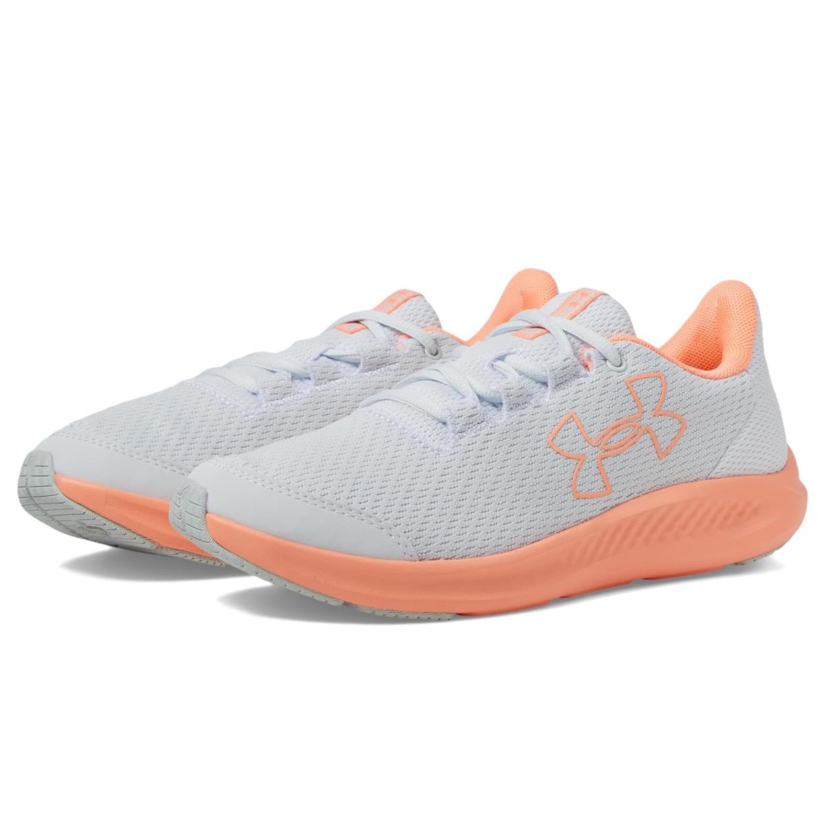 Girl`s Shoes Under Armour Kids Grade School Charged Pursuit 3 Big Logo Big Kid Distant Gray/Flare Orange/Flare Orange