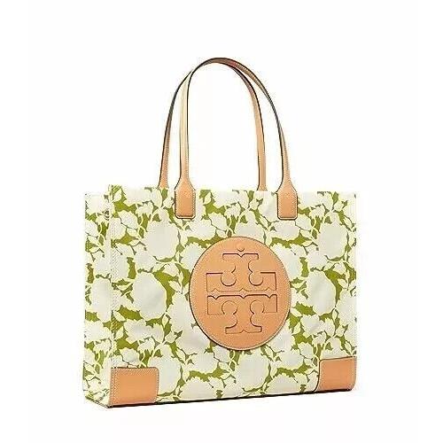 Tory Burch Ella Green Bold Flower Print Nylon Natural Leather Large Tote Bag