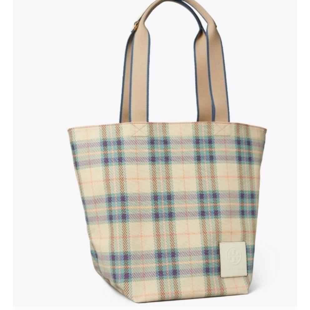 Tory Burch Ella Deconstructed Ella Canvas Leather Tote Lakeside Plaid