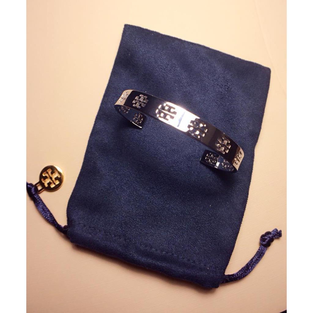 Tory Burch Pierced T Thin Silver Tone Cuff w Velvet Pouch