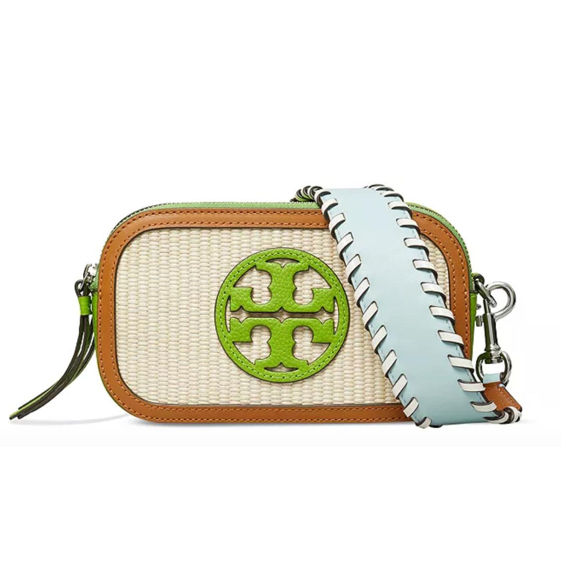 Tory Burch Mini Miller Raffia Pop Edge Leather Strap Crossbody Bag