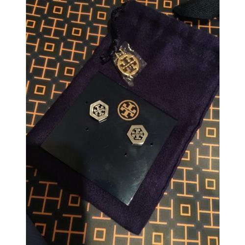 Tory Burch Hexagon Logo Earrings In Silver Color w/ Purple Pouch