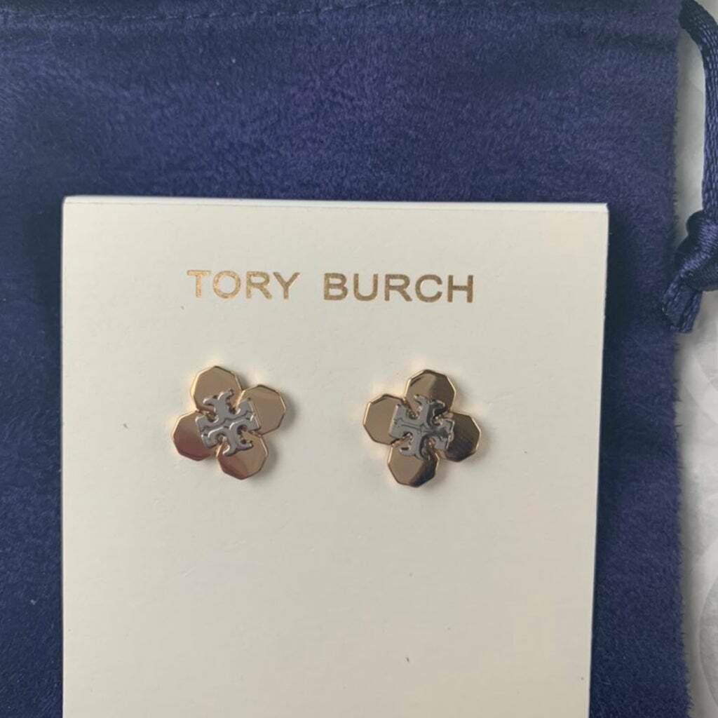 Tory Burch Mixed Metal Flower Logo Earrings Silver Gold Color w Purple Pouch