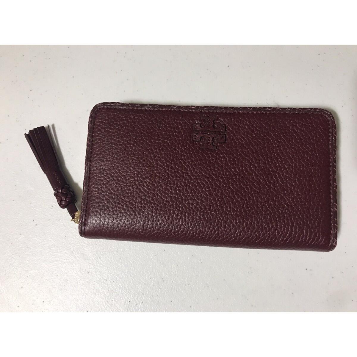 Tory Burch Zip Around Continental Garnet Leather Woven Trim Wallet