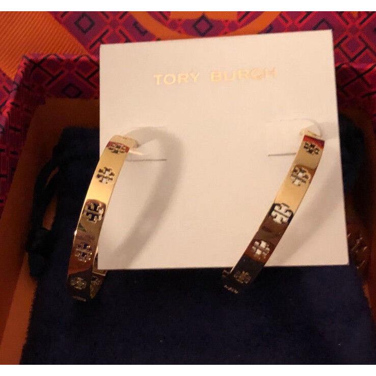 Tory Burch Pierced T Hoop Earrings Gold with Pouch