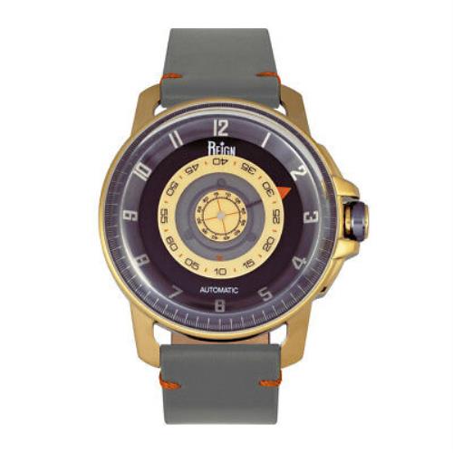 Reign Monarch Automatic Domed Sapphire Crystal Grey Leather Gold Watch RN5202