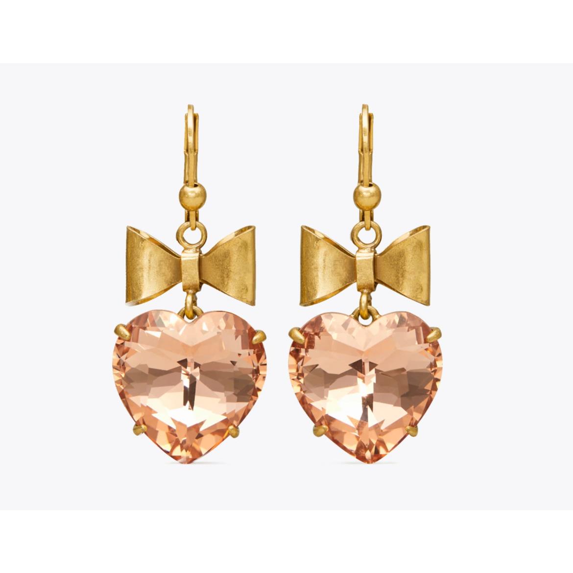 Tory Burch Big Heart Bow Drop Earrings Shiny Brass/pale Pink