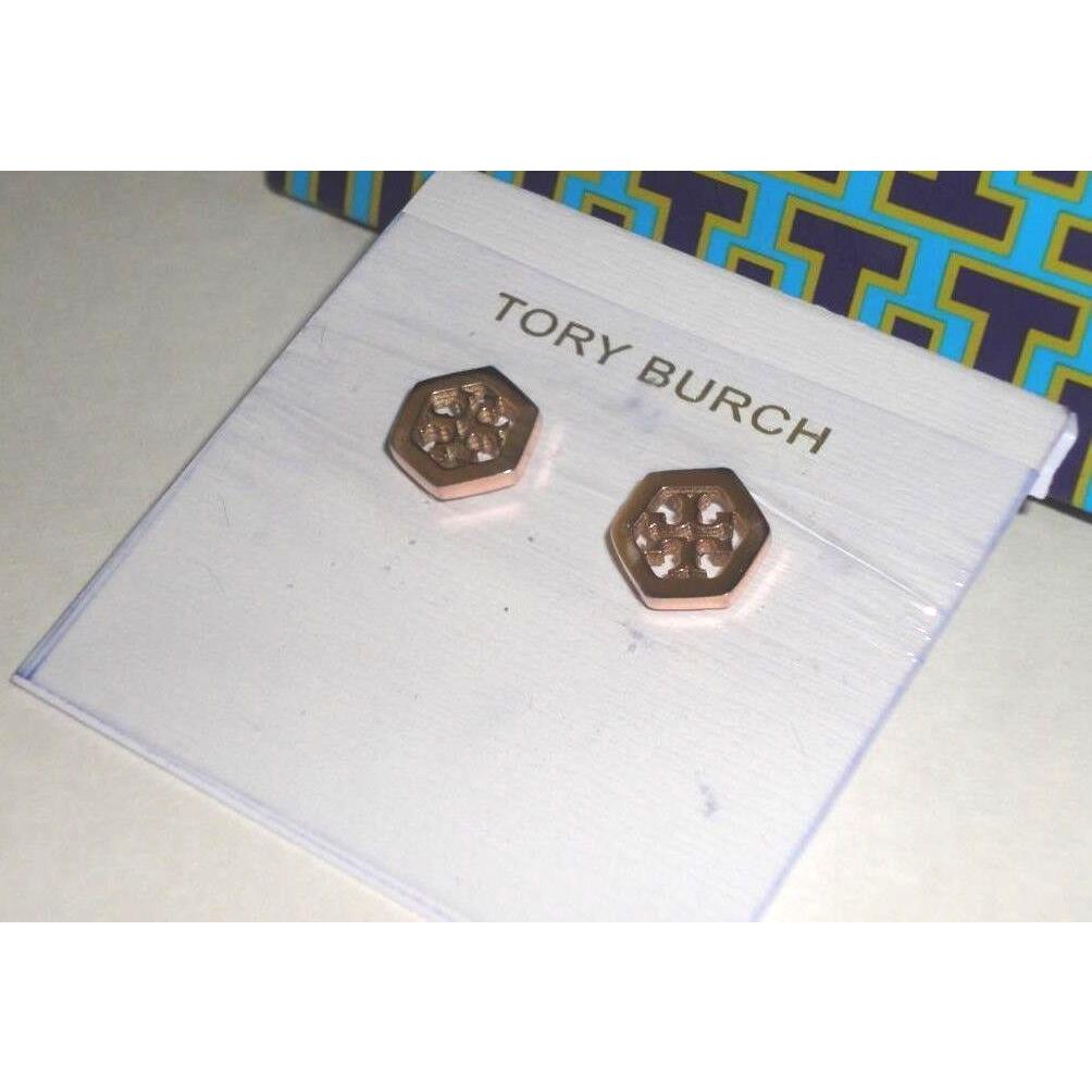 Tory Burch Hexagon Logo Earrings In Rose Gold Color w/ Purple Pouch 40%OFF