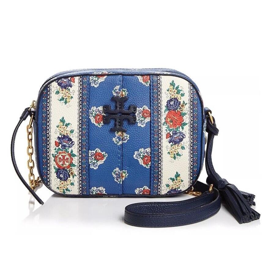 Tory Burch Mcgraw Floral Camera Handbag Blue Tea Rose Border Purse Crossbody