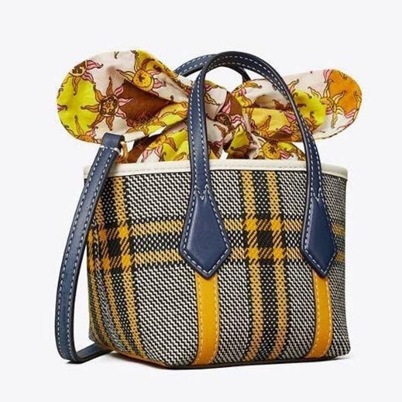 Tory Burch Perry Plaid Micro Tote Bag Crossbody Canvas Leather Navy Mustard