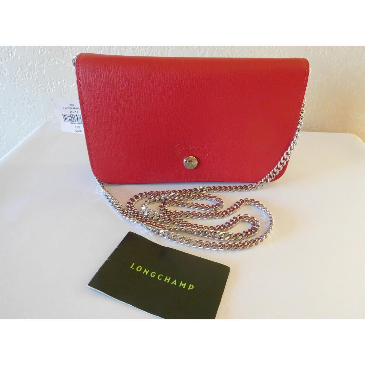 Longchamp Le Foulonne Red Leather Wallet on a Chain Crossbody Bag Purse