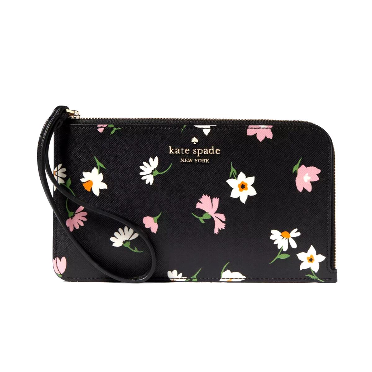 Kate Spade Lucy Floral Waltz Medium L-zip Wristlet Black Multi KC333 New