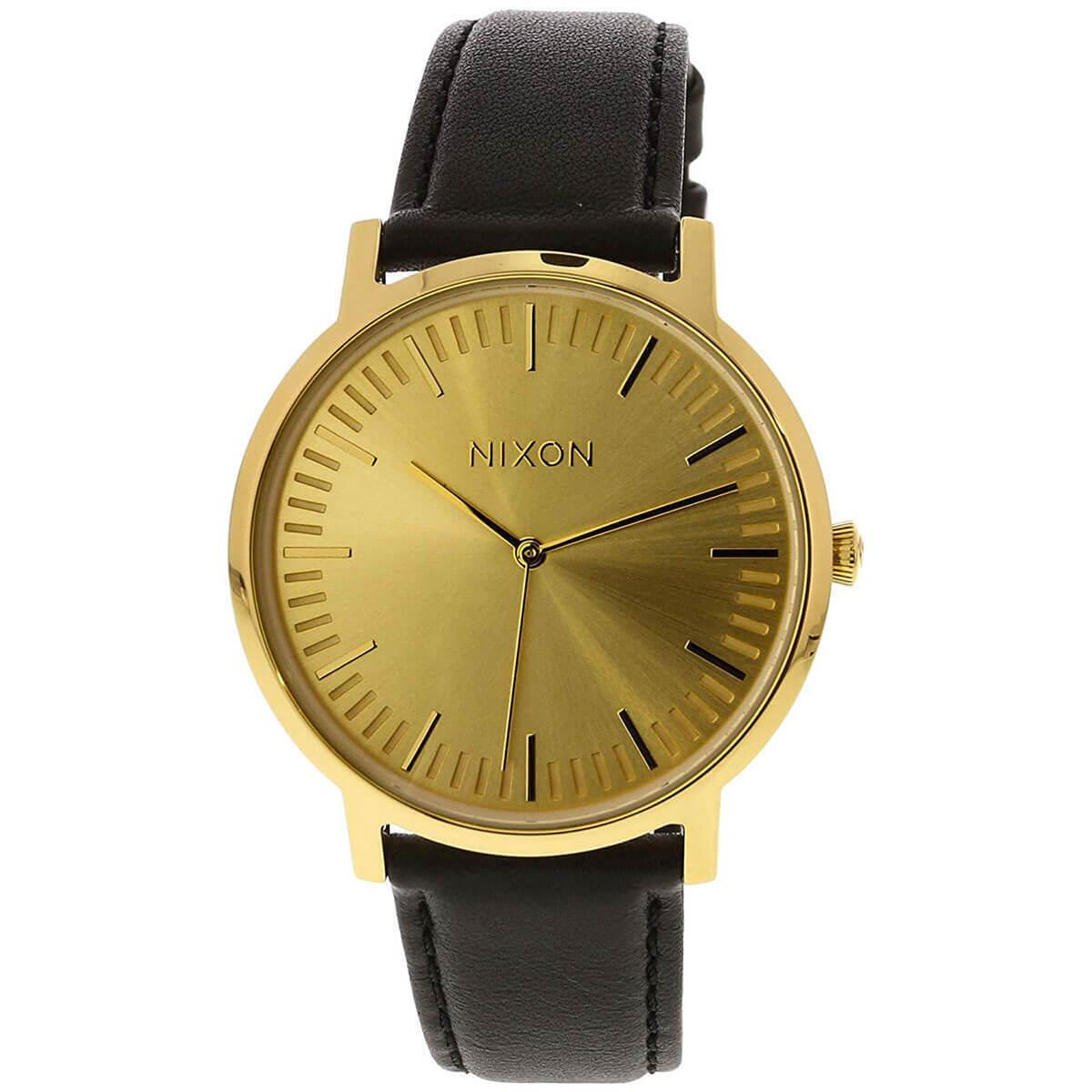 Nixon A1058510 Men`s Porter Leather Quartz Gold Tone Dial Watch