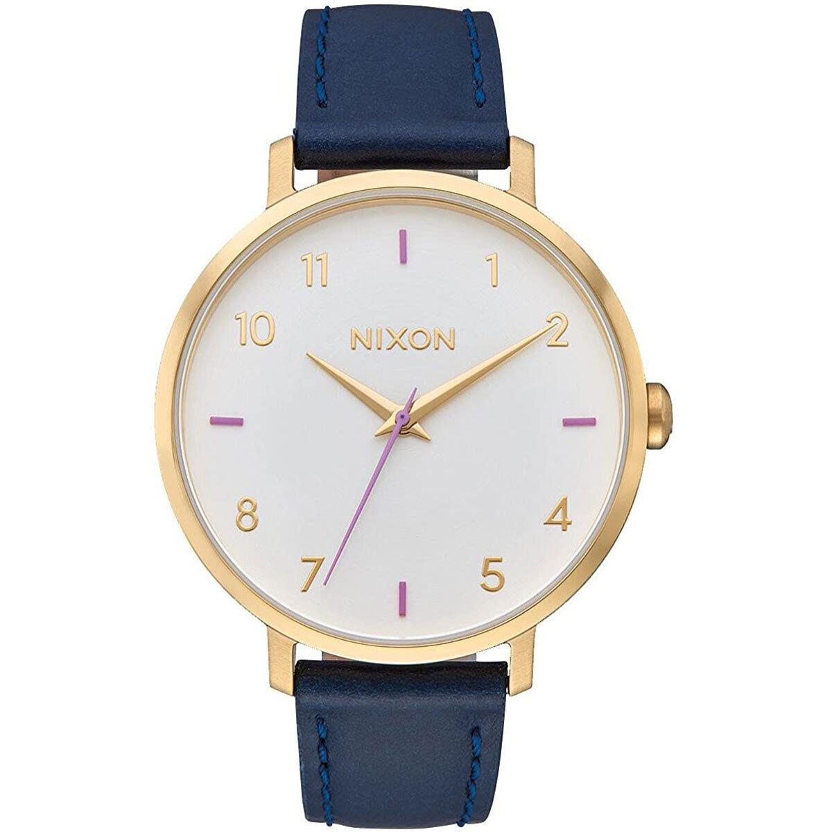 Nixon Women`s Watch Arrow Quartz White Dial Leather Strap YG Steel Case A1091151