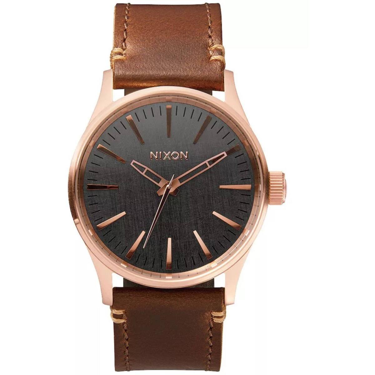 Nixon Men`s Watch Sentry Rose Gold Case Grey Dial Brown Leather Strap A377-2001