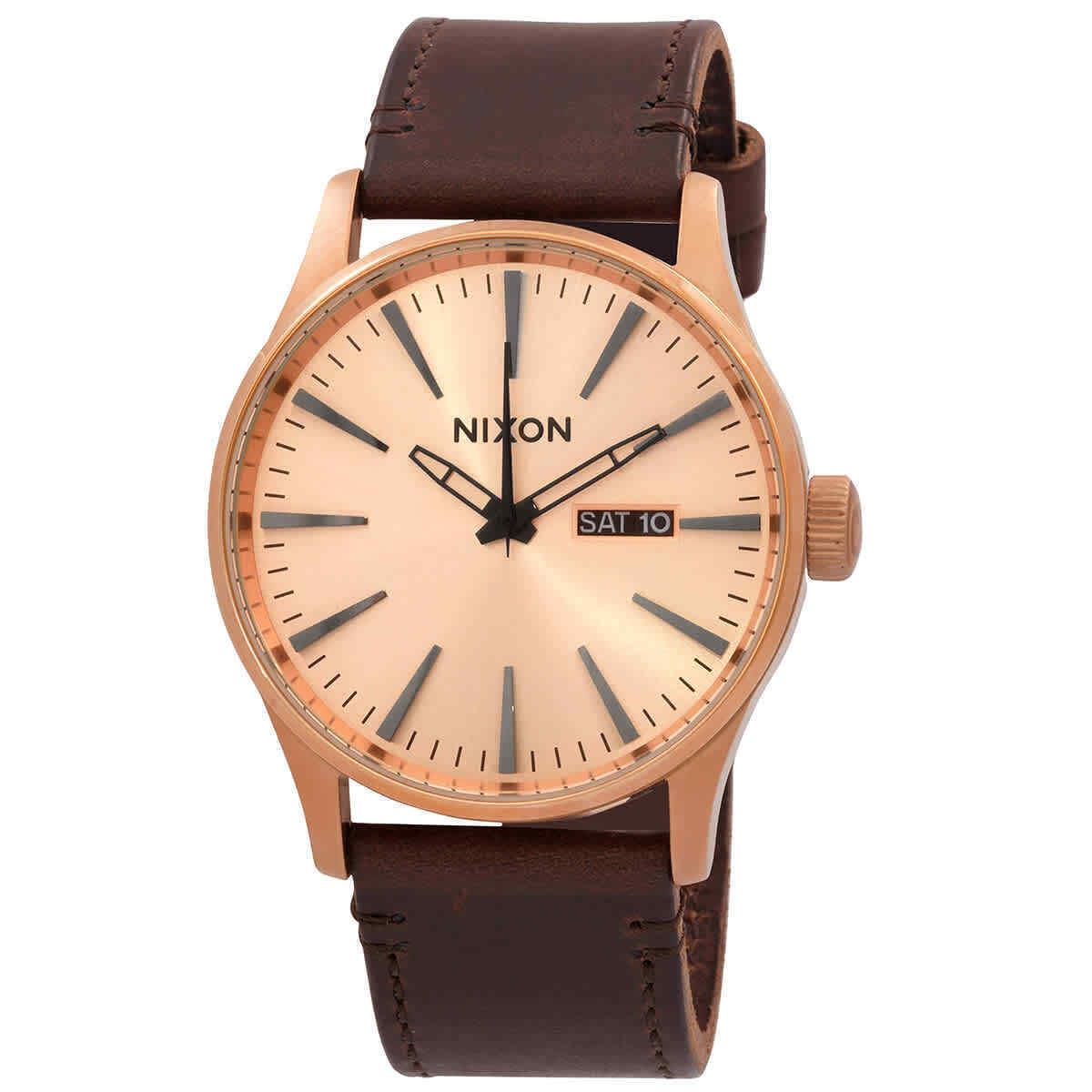 Nixon Sentry Quartz Rose Gold Dial Ladies Watch A105-2793-00 - Dial: Rose Gold-tone, Band: Dark Brown, Bezel: Rose Gold PVD