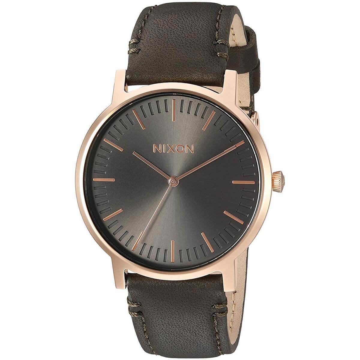 Nixon A10582441 Men`s Porter Leather Quartz Gunmetal Dial Watch