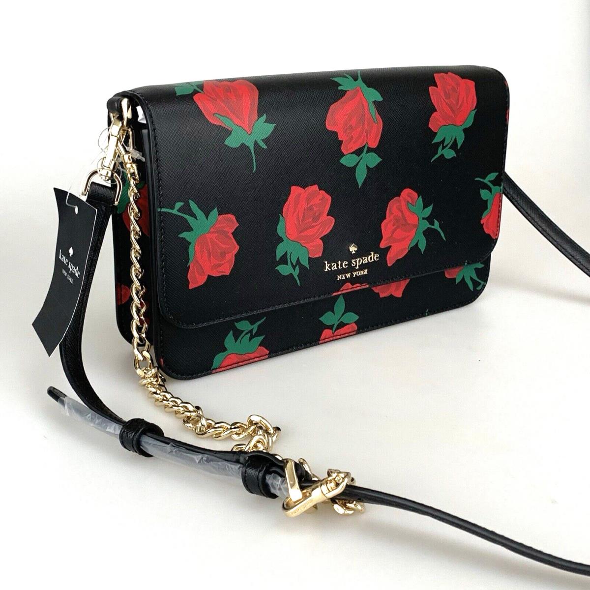 Kate Spade Flap Crossbody Rose Toss Madison Black Leather Gold Chain KE534 New