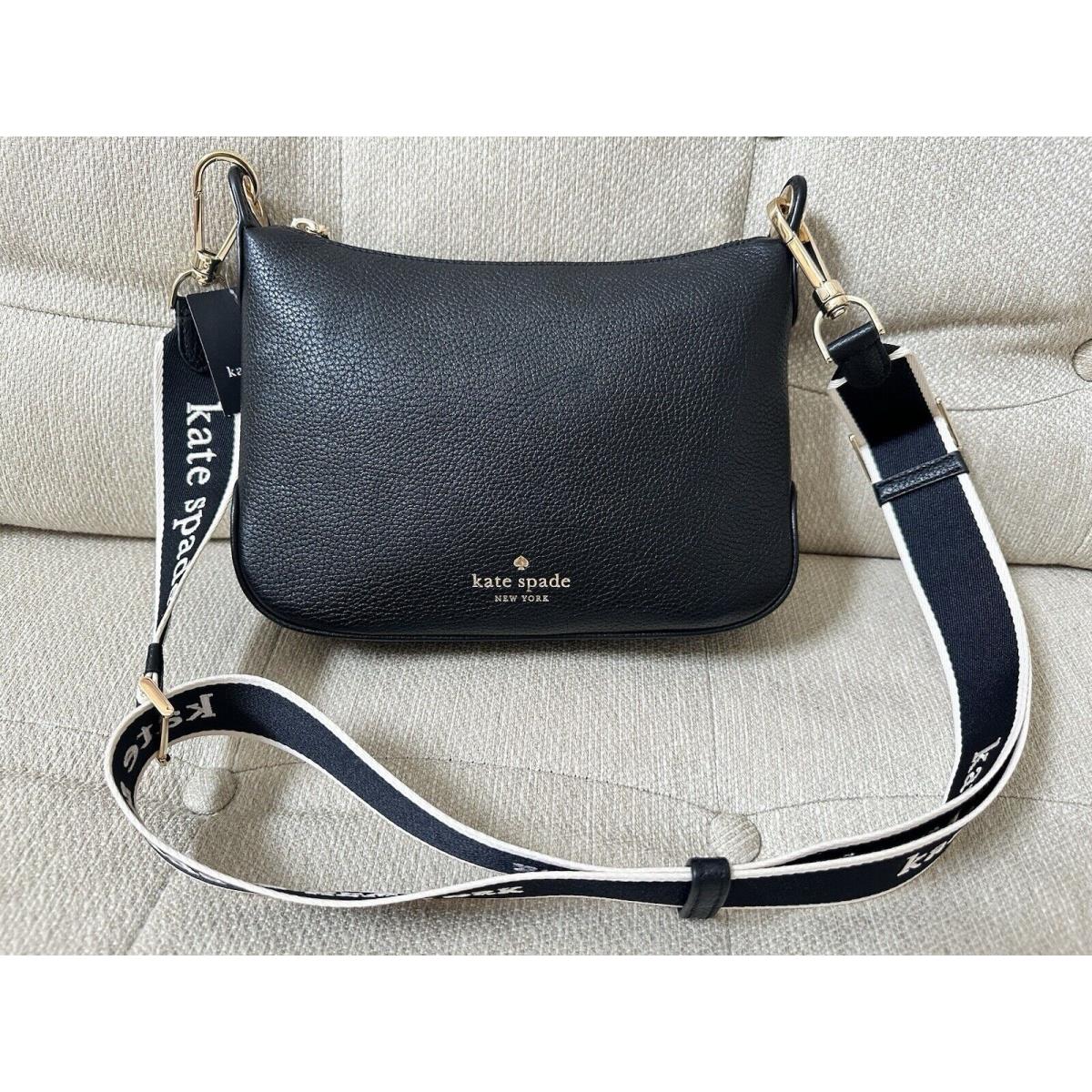 Kate Spade Rosie Black Pebble Leather Crossbody Web Logo Shoulder Strap