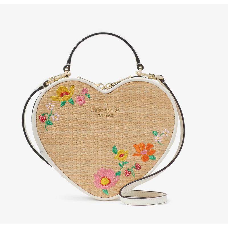 New Kate Spade Love Shack Rattan Heart Crossbody Flowers Embroidered Straw Purse