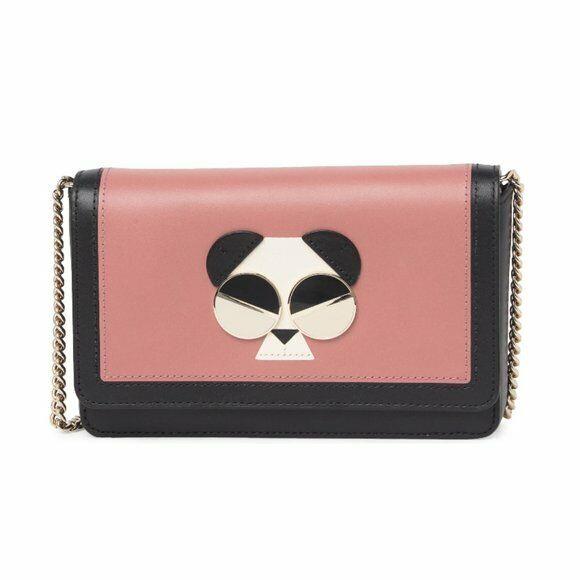 Kate Spade Womens Pink Leather Panda Bear Foldover Chain Strap Crossbody Bag