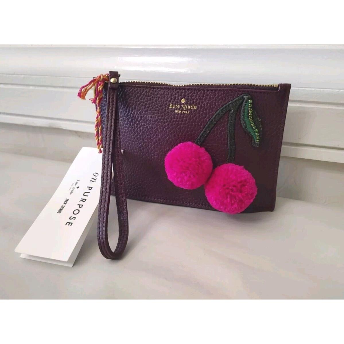 Kate Spade Cherry Pom Pom Wristlet - Deep Plum Leather