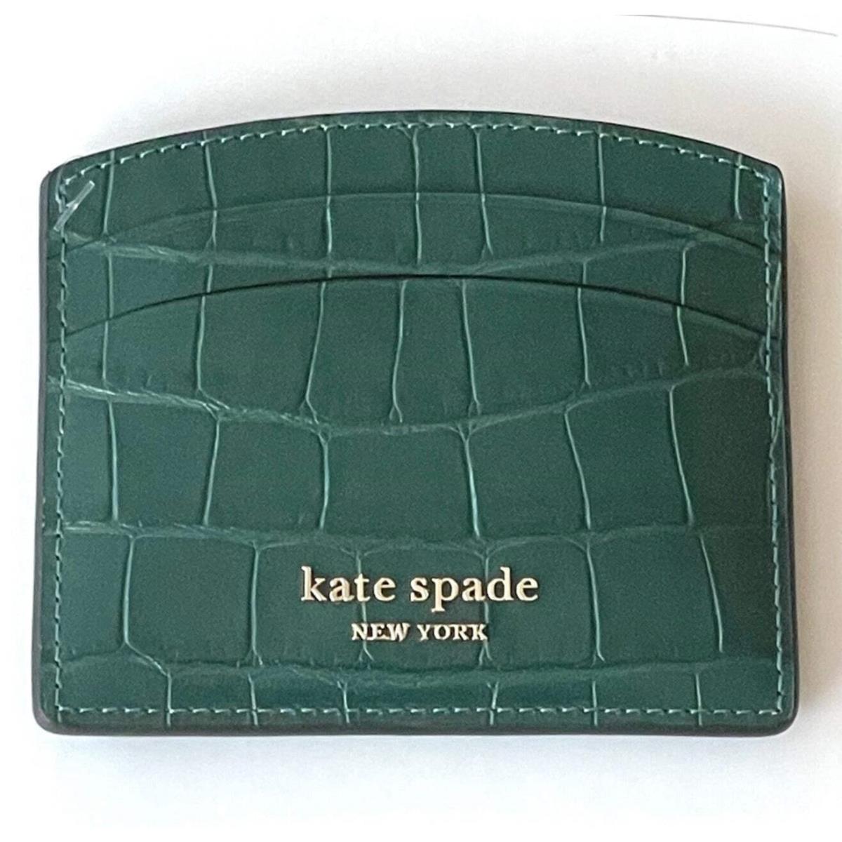 Kate Spade Spencer Card Case Womens Green Leather Croc Embossed Slim Wallet