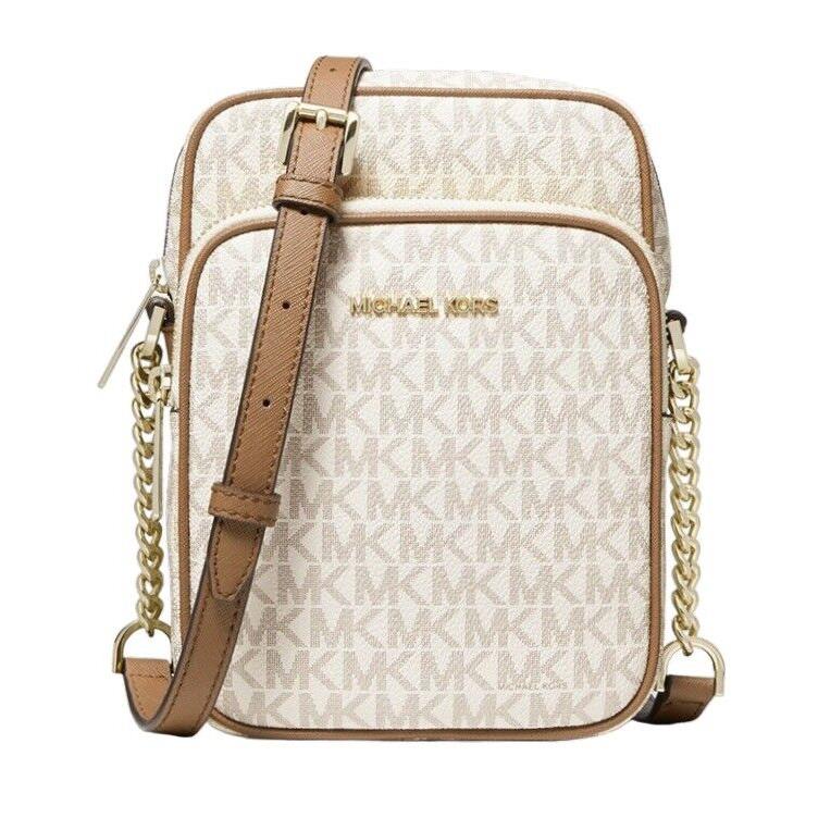 Michael Kors Jet Set Travel MK Logo Pvc Leather Medium Flight Crossbody Bag Vanilla Signature