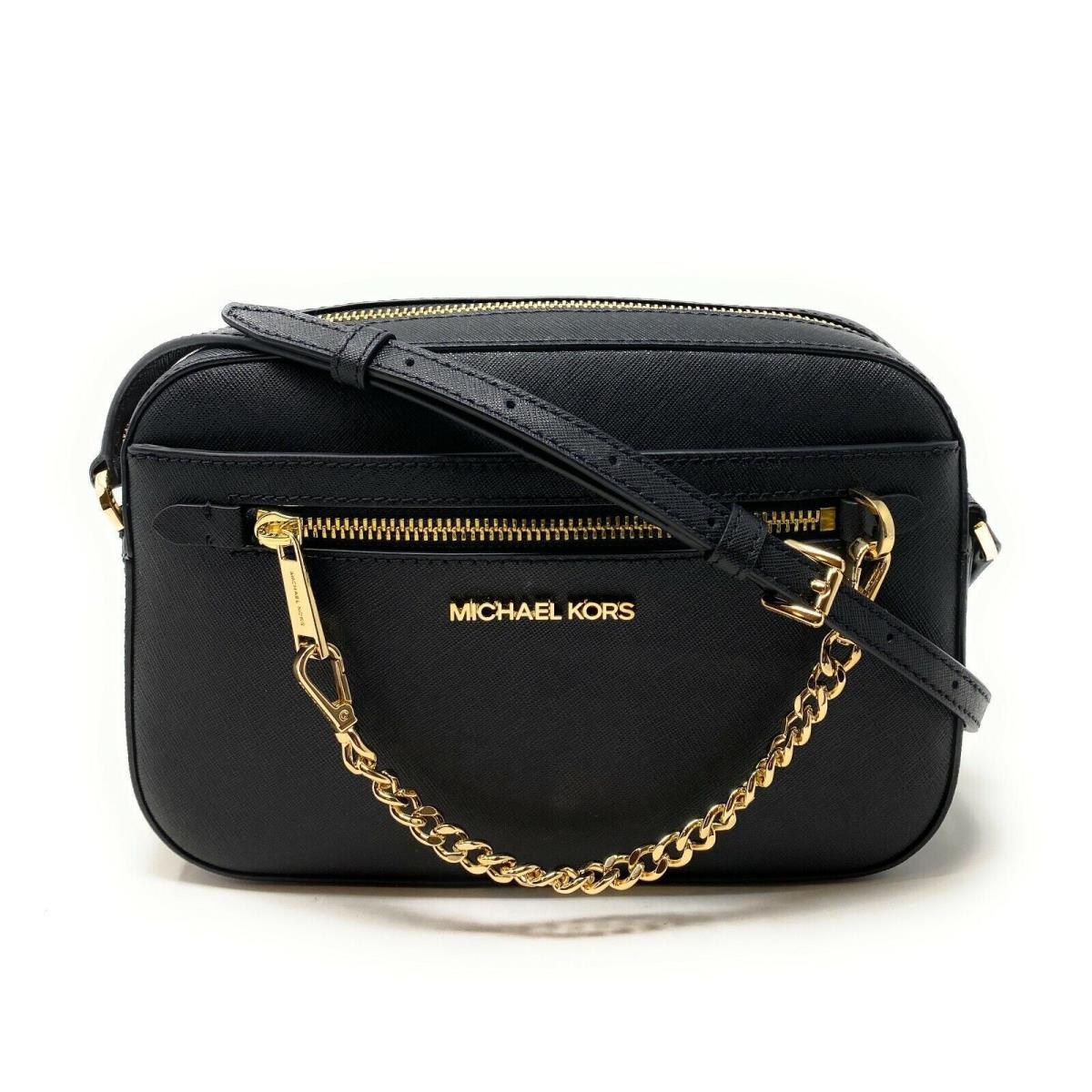 Michael Kors Jet Set Item Large East West Zip Chain MK Leather Crossbody Bag Black/Gold Tone