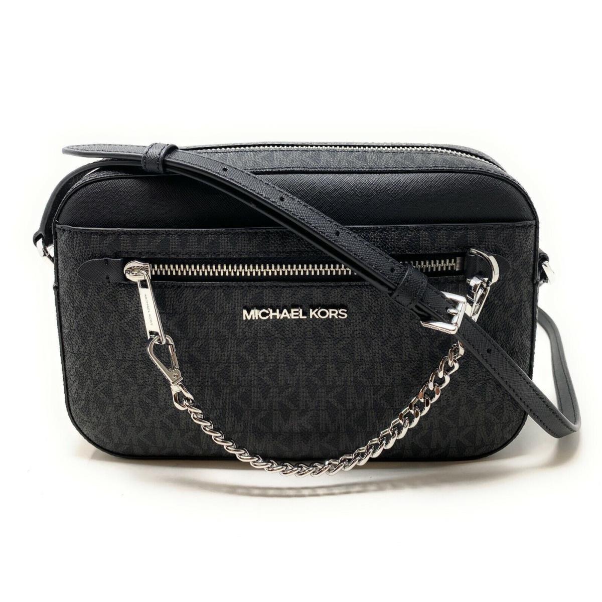 Michael Kors Jet Set Item Large East West Zip Chain MK Leather Crossbody Bag Black Signature/Silver Tone