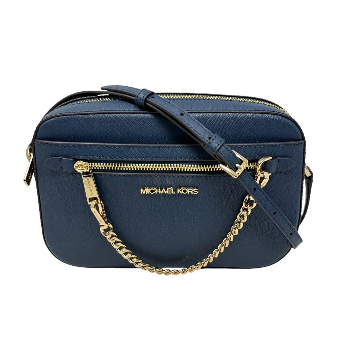 Michael Kors Jet Set Item Large East West Zip Chain MK Leather Crossbody Bag Navy/Gold Tone