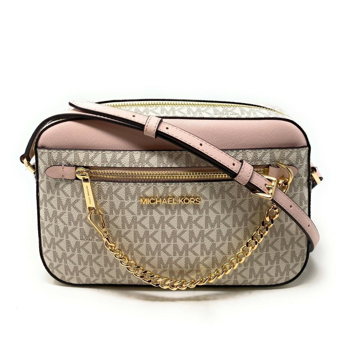 Michael Kors Jet Set Item Large East West Zip Chain MK Leather Crossbody Bag Powder Blush Vanilla Signature/Gold Tone