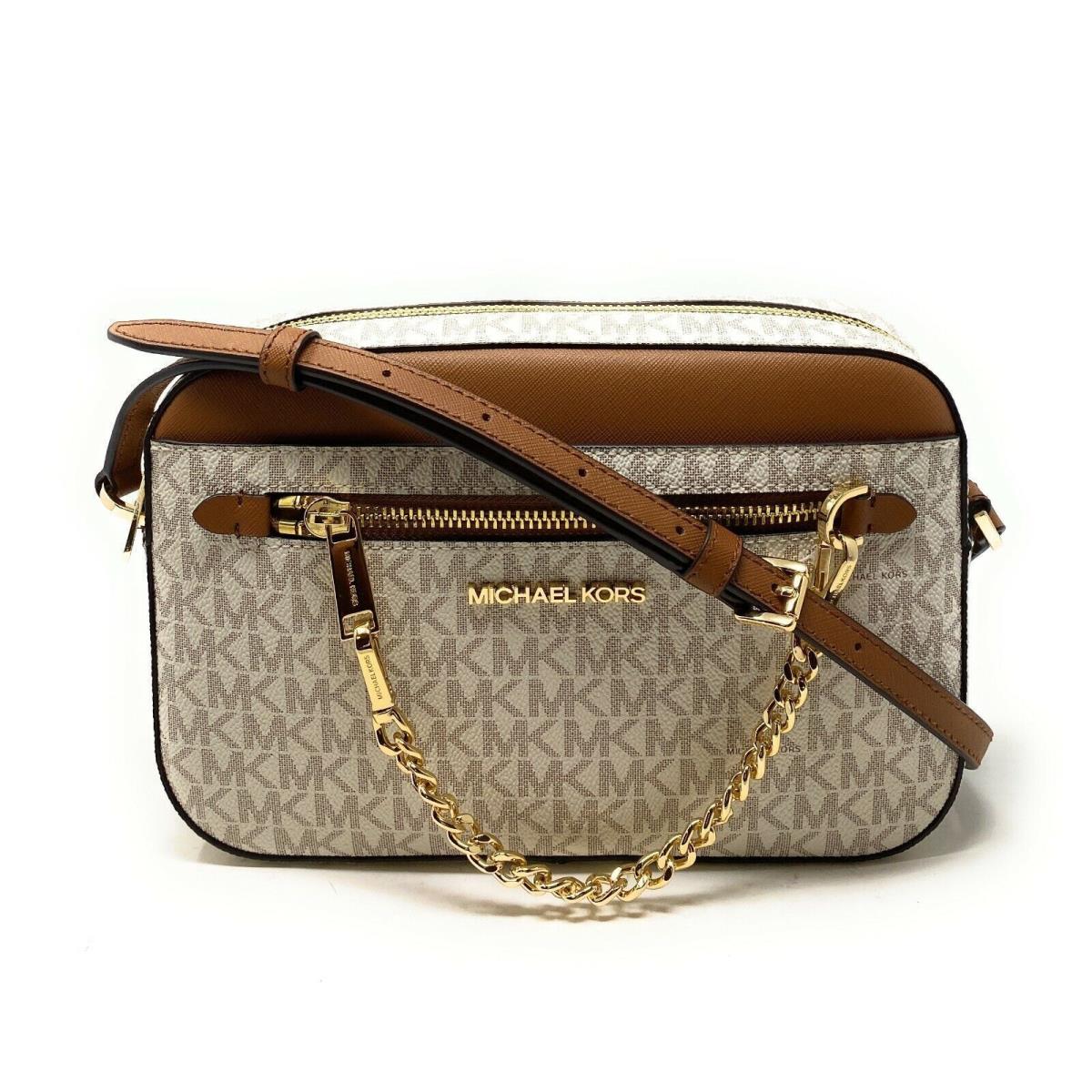 Michael Kors Jet Set Item Large East West Zip Chain MK Leather Crossbody Bag Vanilla Signature/Gold Tone