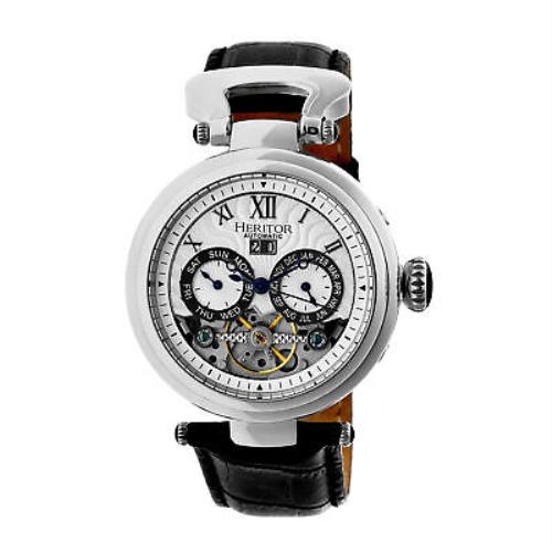 Heritor Automatic Ganzi Semi-skeleton Leather-band Watch - Silver - Silver Dial, Black Band, Silver Bezel