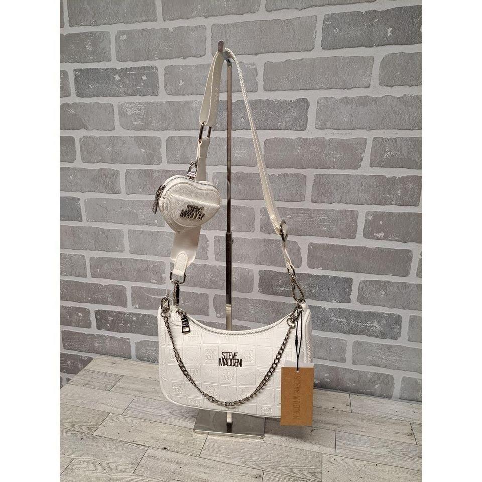 Steve Madden White Textured Crossbody Bag with Chain Strap and Heart Charm