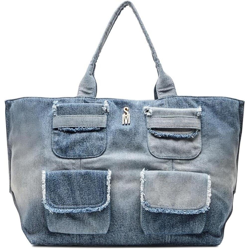 Steve Madden Anisia Faded Blue Denim XL Fringe Cargo Pocket Tote Shoulder Bag