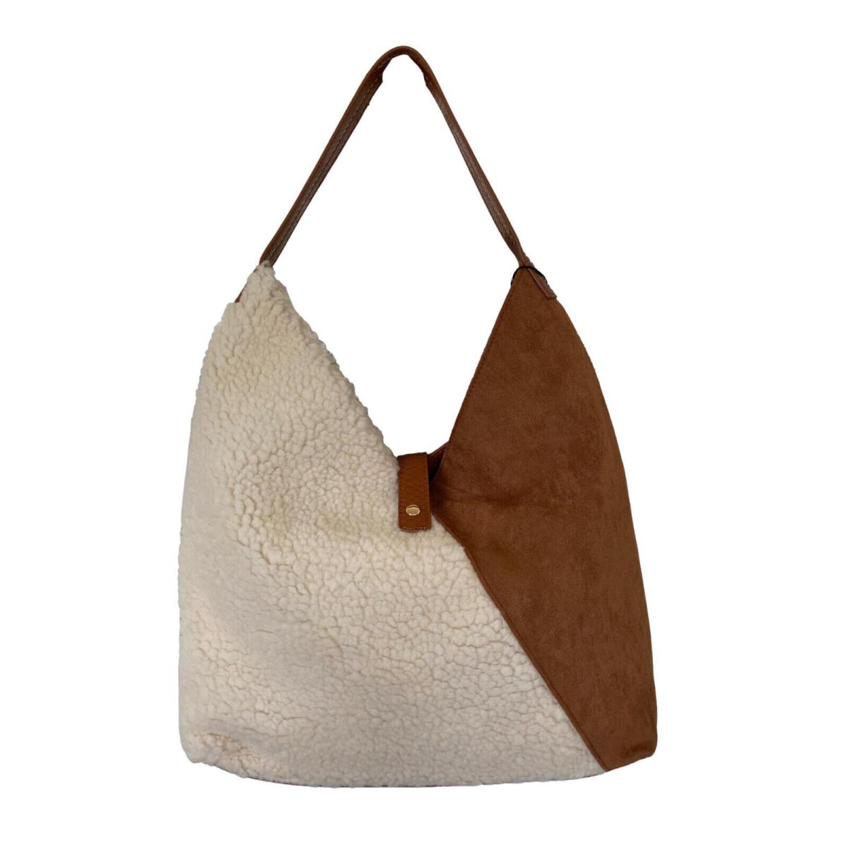 Steve Madden Cozi Shearling Suede Nat/cognac Colorblock Hobo Shoulder Bag