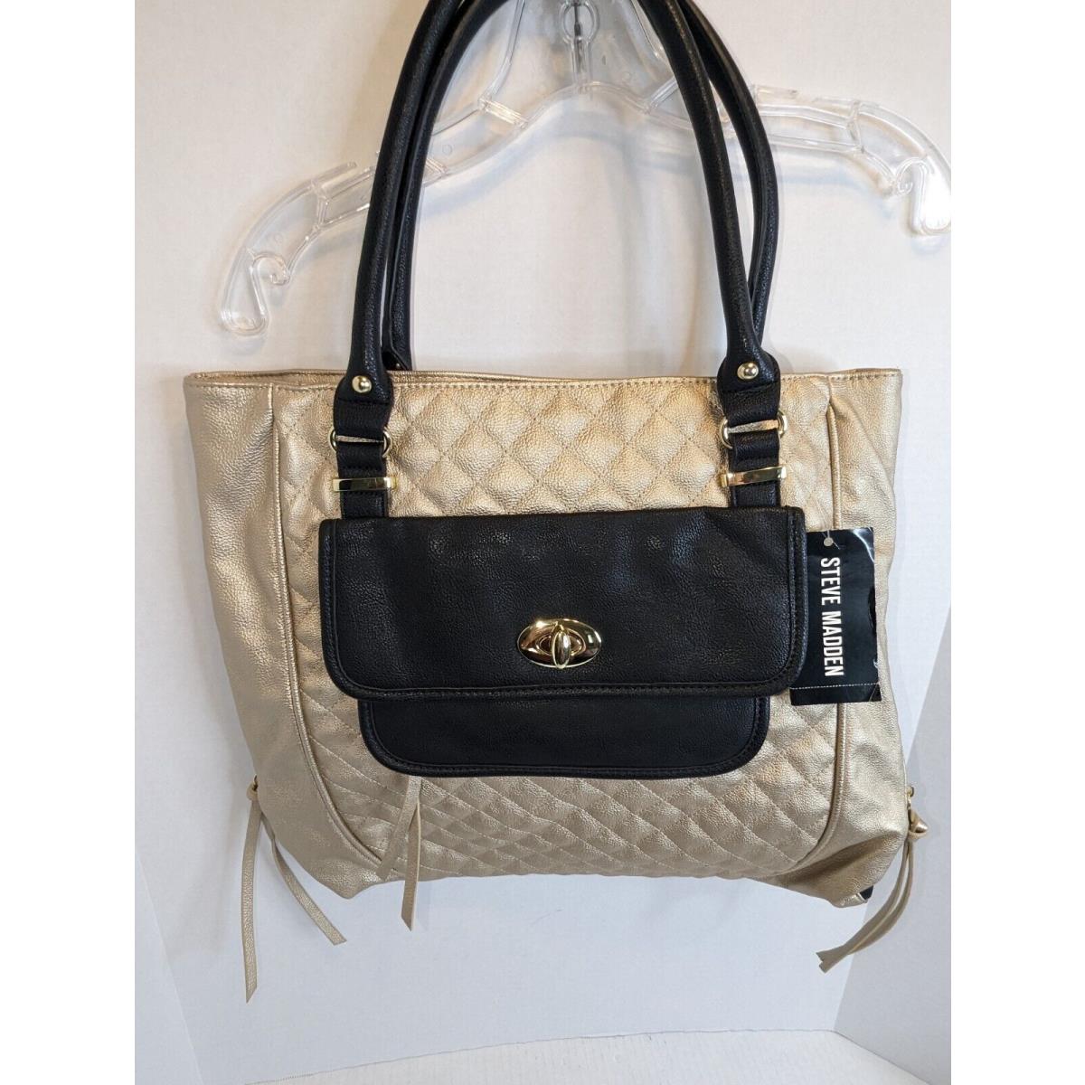 Steve Madden Colorblock Quilted Gold/black Tote Side Extension Zippers Large