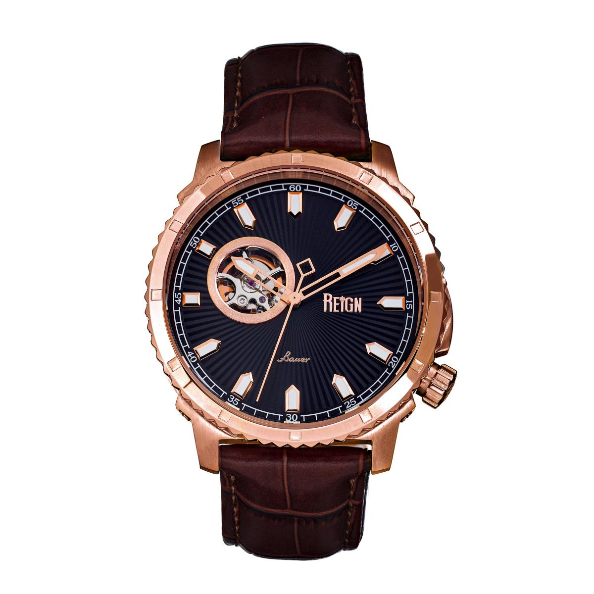 Reign Bauer Automatic Semi-skeleton Leather-band Watch - Rose Gold/black