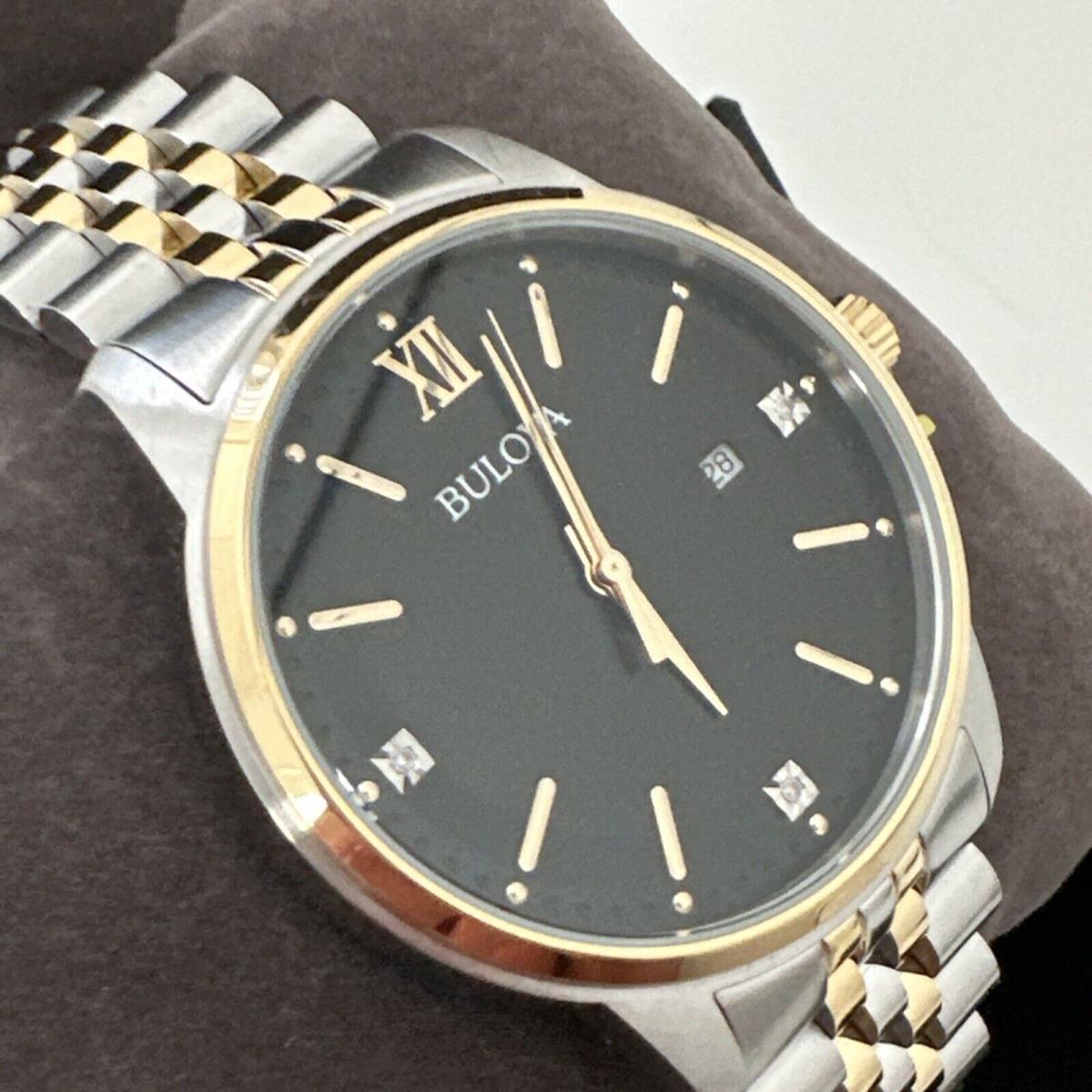 Bulova Mens Quartz Gold Tone Case Two Tone Black Dial with Diamonds Watch 98X125